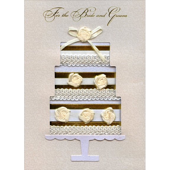 Designer Greetings Three Tiered Die Cut Cake with Gold Foil and Ribbons 3D Hand Decorated Designer Boutique Keepsake Wedding Congratulations Card
