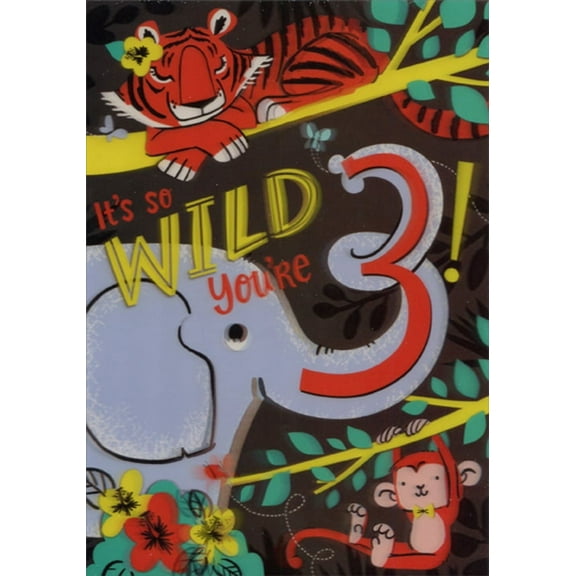Designer Greetings Tiger, Elephant and Monkey 3D Lenticular Motion Age 3 / 3rd Birthday Card