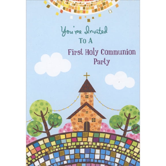 Designer Greetings Tile Mosaic Sun Over Brown Church on Mosaic Hill Package of 8 First Communion Party Note Card Invitations for Boy or Girl