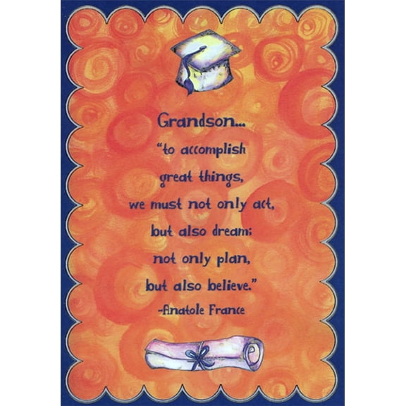 Designer Greetings To Accomplish Great Things : Grad Cap, Diploma on Orange Swirls Background Graduation Congratulations Card for Grandson