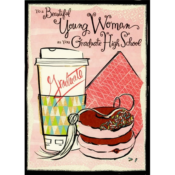 Designer Greetings To Go Cup and Pink Donuts Feminine High School Graduation Congratulations Card for Beautiful Young Woman