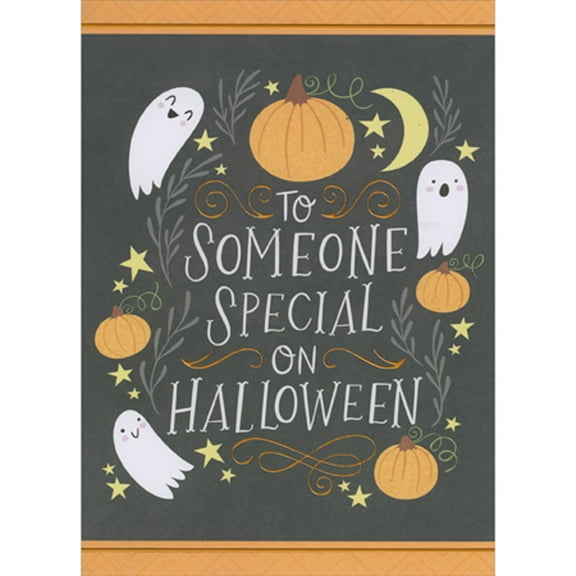 Designer Greetings To Someone Special: Border of Pumpkins, Ghosts, Moon and Stars on Black Package of 8 Halloween Cards