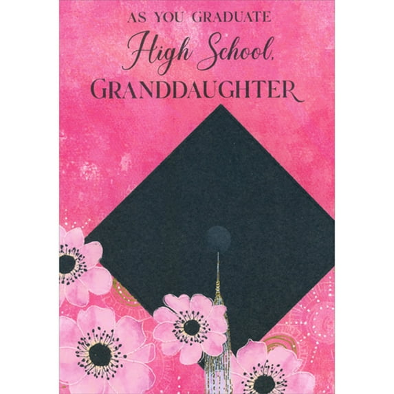 Designer Greetings Top of Grad Cap and Pink Flowers on Dark Pink High School Graduation Congratulations Card for Granddaughter