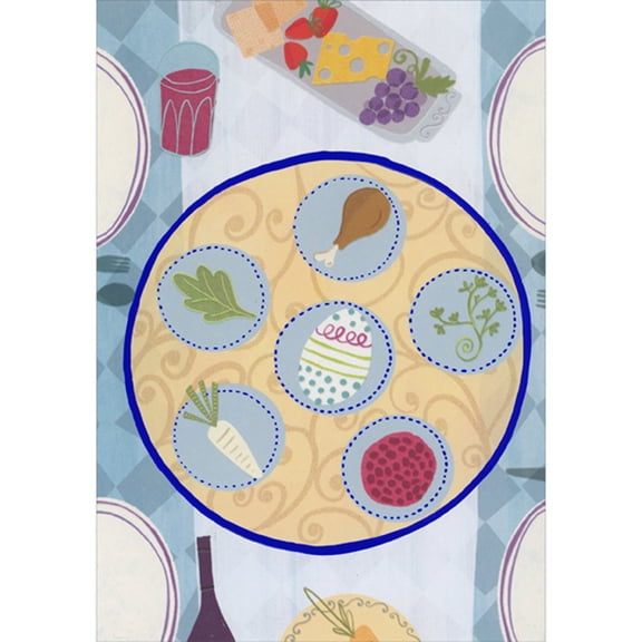 Designer Greetings Traditional Seder Plate Inside Blue Foil Circle on Table Funny Interfaith Passover / Easter Card