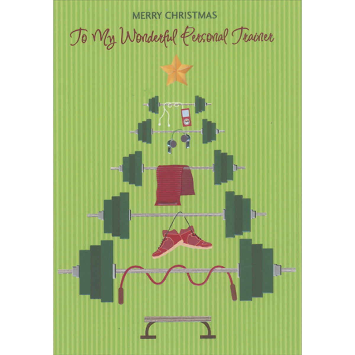 Designer Greetings Tree of Barbells and Gym Necessities Christmas Card for Personal Trainer