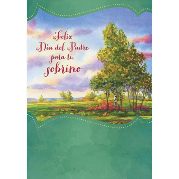 Designer Greetings Trees in Green Field Under Cloudy Blue and Purple Sky Spanish Father's Day Card for Nephew