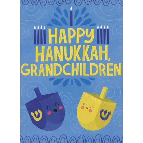 Designer Greetings Two Blue and Yellow Smiling Dreidels on Blue Background Juvenile Hanukkah Card for Grandchildren