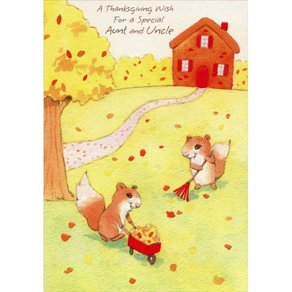 Designer Greetings Two Cute Squirrels Raking Leaves Juvenile Thanksgiving Card for Aunt and Uncle