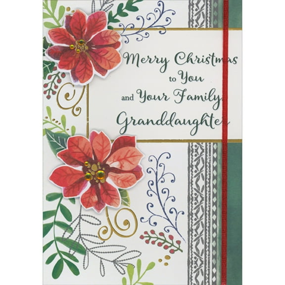 Designer Greetings Two Die Cut 3D Poinsettias, Yellow Jewels Over Gold and Green Vines Hand Decorated Christmas Card for Granddaughter and Family