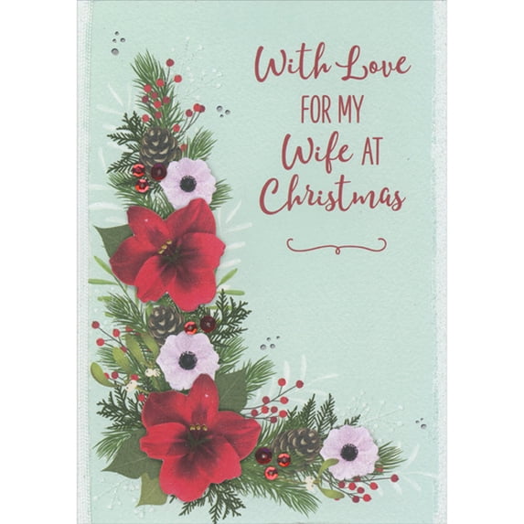 Designer Greetings Two Die Cut 3D Red Flowers, Sparkling Pink Flowers, Red Sequins and Vertical White Ribbon on Blue Hand Decorated Christmas Card for Wife