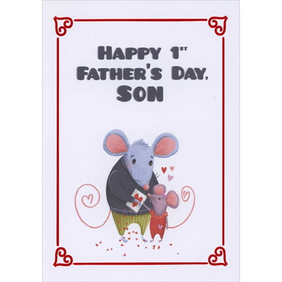 Designer Greetings Two Mice with Heart Shaped Tails Holding Card First / 1st Father's Day Card for Son