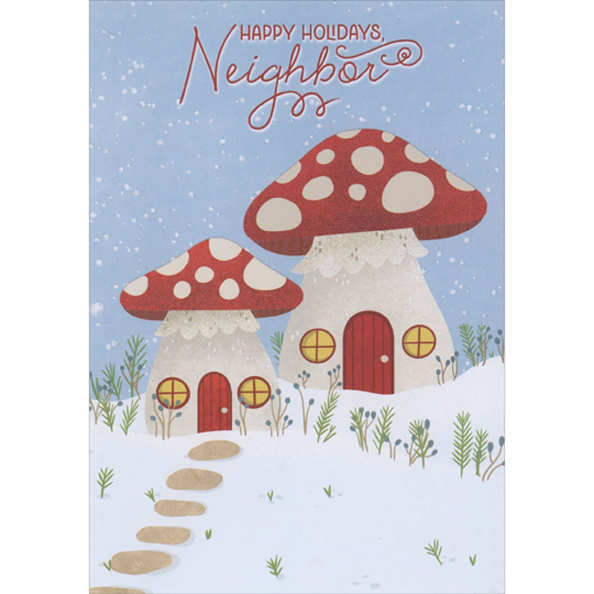 Designer Greetings Two Mushroom Houses in Winter Setting Christmas Card for Neighbor