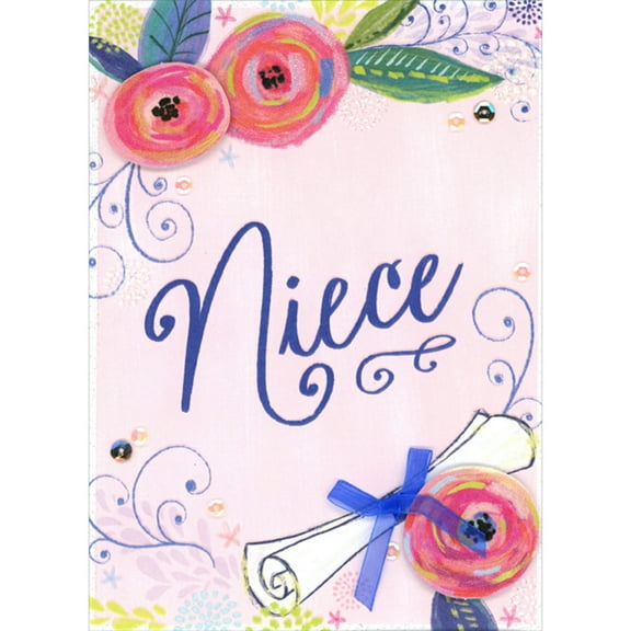 Designer Greetings Two Pink 3D Flowers, Sequins and Blue Ribbon on Diploma Hand Decorated Graduation Congratulations Card for Niece
