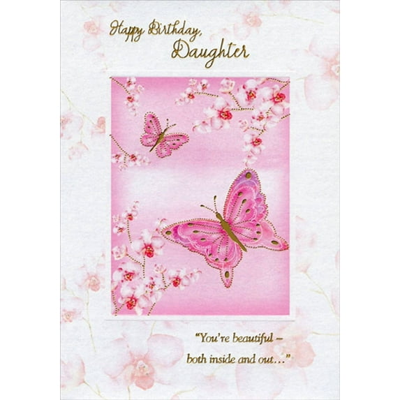 Designer Greetings Two Pink Butterflies, Cherry Blossoms on Shimmering Paper Birthday Card for Daughter