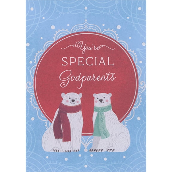 Designer Greetings Two Polar Bears Wearing Red and Teal Scarves on Blue Christmas Card for Godparents