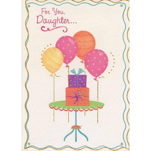 Designer Greetings Two Presents on Green Table and Balloons Birthday Card for Daughter