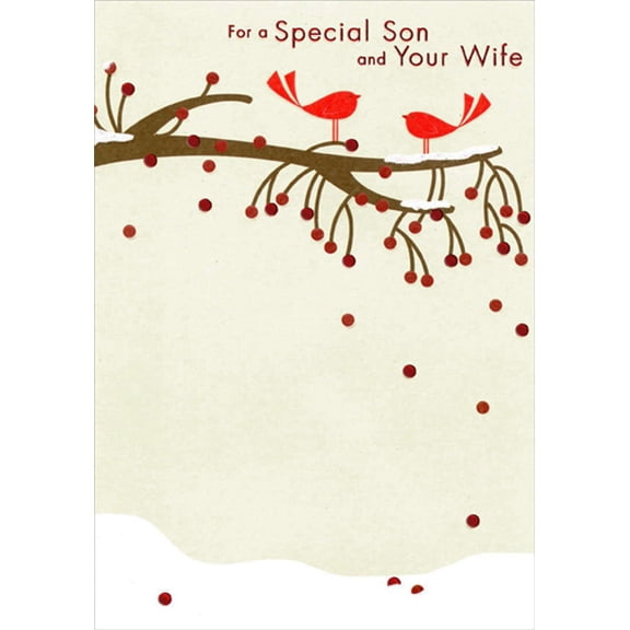 Designer Greetings Two Red Birds and Berries on Snow Covered Tree Branch Son and Wife Christmas Card