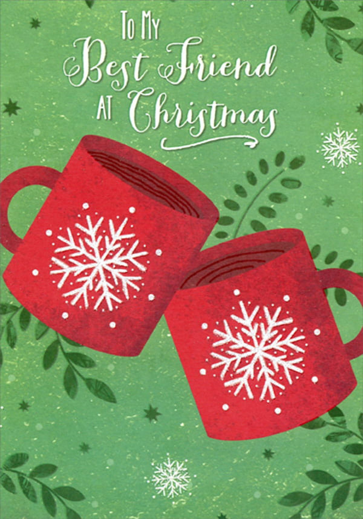 Designer Greetings Two Red Mugs with Snowflakes on Green Background Best Friend Christmas Card