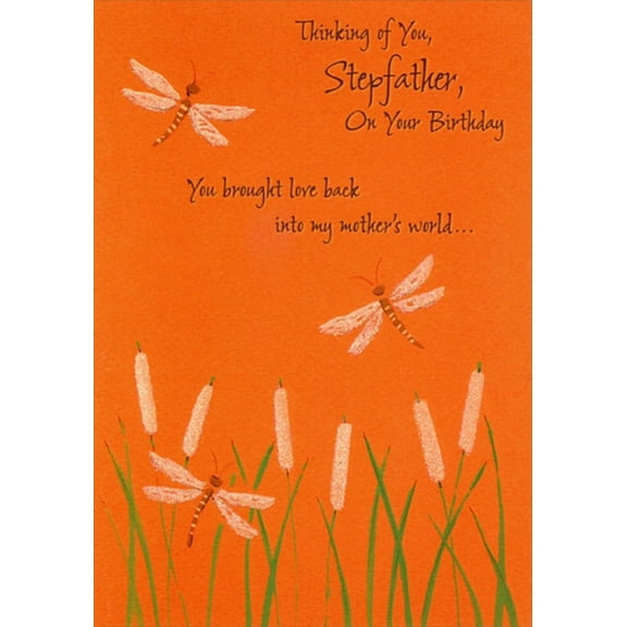 Designer Greetings Two Sparkling Dragonflies on Orange Birthday Card for Stepfather