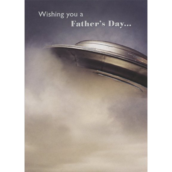 Designer Greetings UFO: Silver Flying Saucer in Clouds Humorous / Funny Father's Day Card