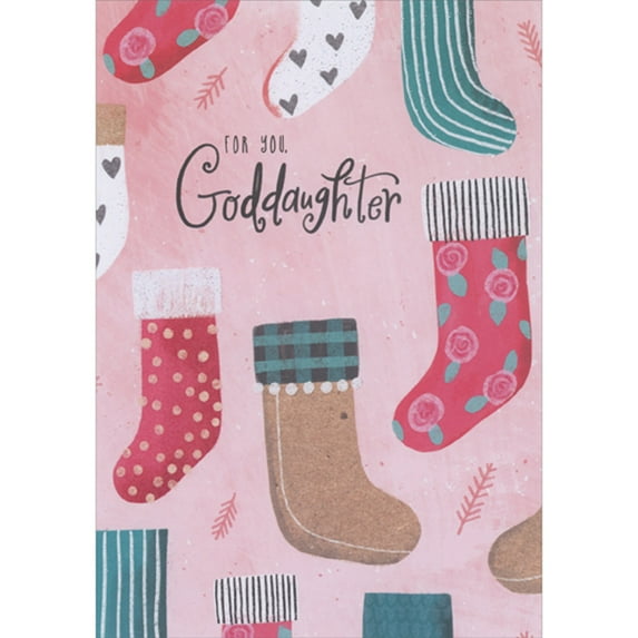 Designer Greetings Various Pattern Stockings on Pink Background Christmas Card for Goddaughter
