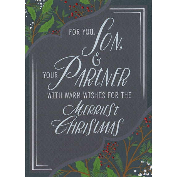 Designer Greetings Warm Wishes for the Merriest: Dark Banner, Bright Green Leaves and Red Foil Berries Christmas Card for Son and Partner