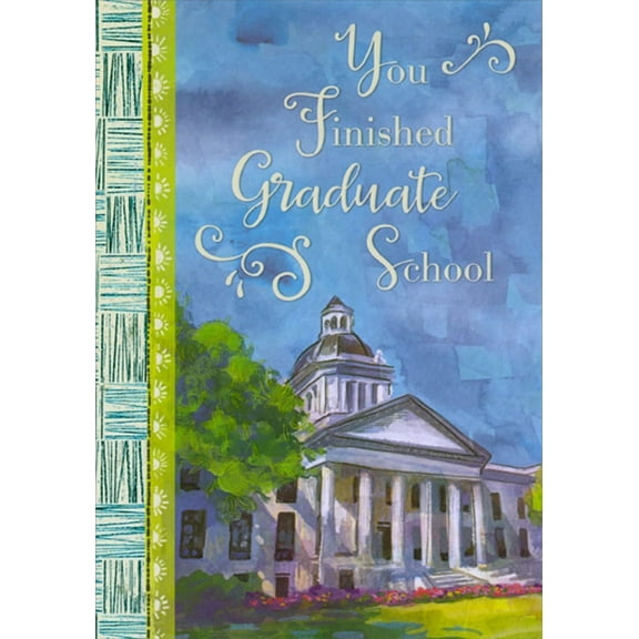 Designer Greetings Watercolor Building : Green and Blue Left Border : Finished Graduate School Graduation Congratulations Card