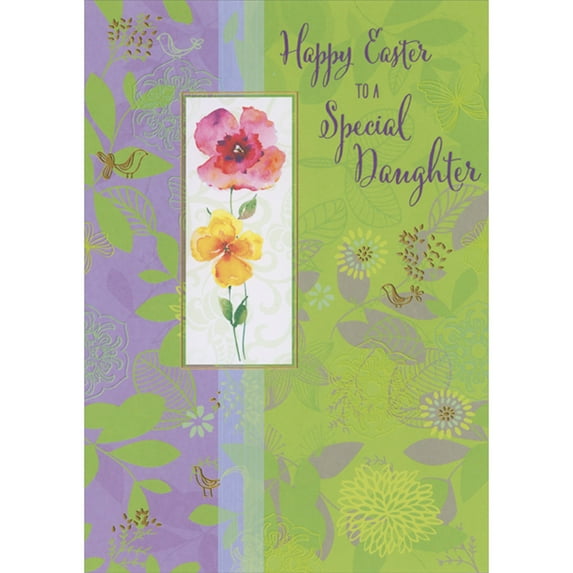 Designer Greetings Watercolor Flowers in Rectangular Frame on Purple and Green Floral Background Easter Card for Daughter
