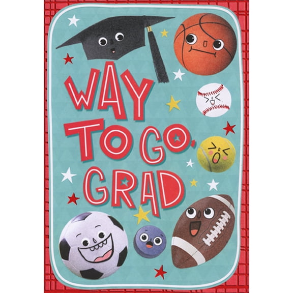 Designer Greetings Way to Go: Cute Smiley Face Sports Balls and Black Grad Cap Juvenile Congratulations Graduation Card