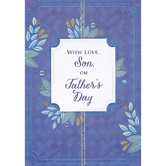 Designer Greetings White 3D Banner with Die Cut Corners Over Silver Ribbon, Blue Leaves and Branches Hand Decorated Father's Day Card for Son