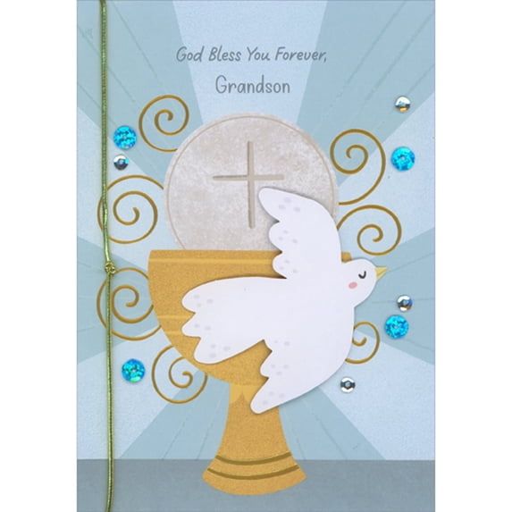 Designer Greetings White 3D Dove, Chalice, Blue and Silver Sequins and Gold String Hand Decorated First Communion Card for Grandson