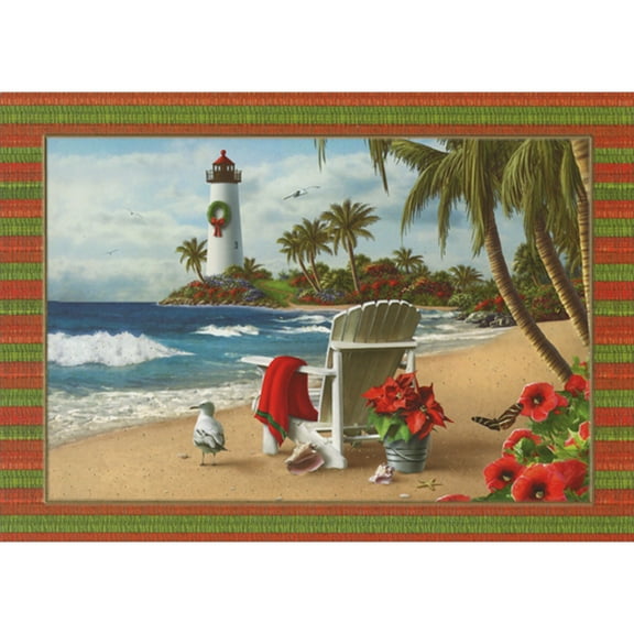 Designer Greetings White Adirondack Chair, Poinsettia, Beach and White Lighthouse with Wreath Box of 18 Warm Weather / Tropical Christmas Cards