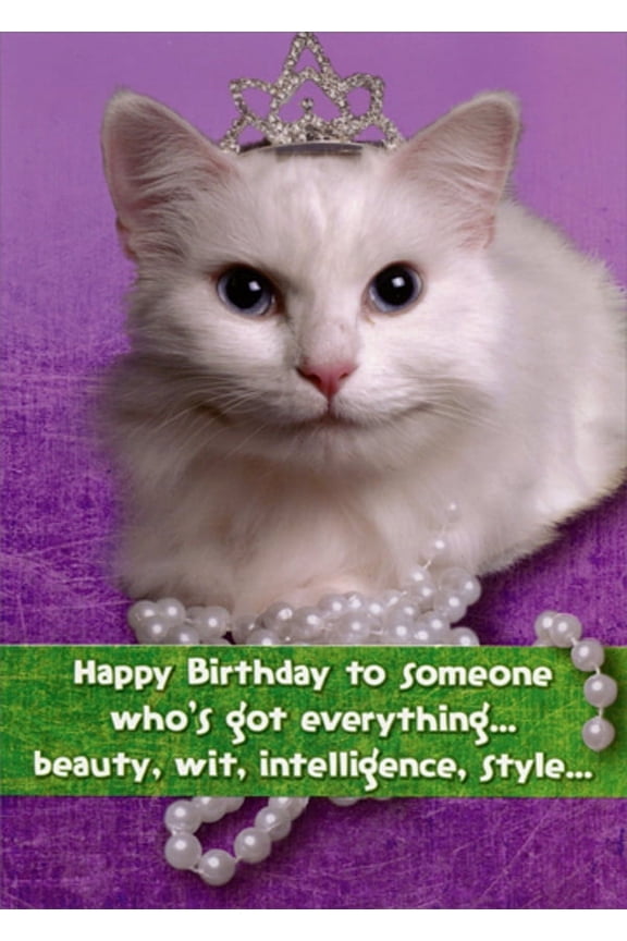 White Cat with Tiara and Pearls Funny : Humorous Friend Birthday Card for Her : Woman : Women
