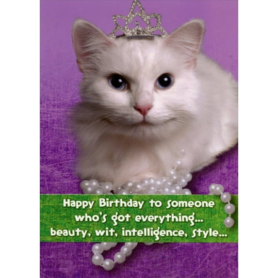 Designer Greetings White Cat with Tiara and Pearls Funny : Humorous Friend Birthday Card for Her : Woman : Women