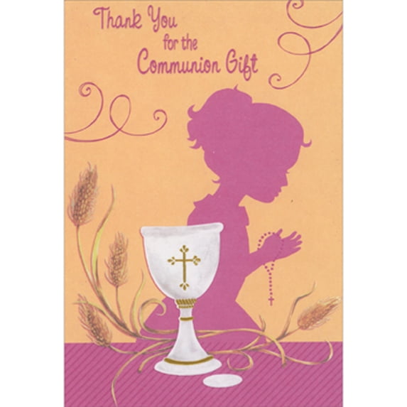 Designer Greetings White Chalice, Stalks of Wheat and Pink Silhouette of Girl Package of 8 First Communion Thank You Notes for Girl