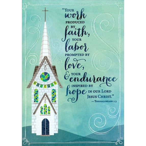 Designer Greetings White Church : Blue and Green Stained Glass Windows Clergy Appreciation Day Card for Pastor