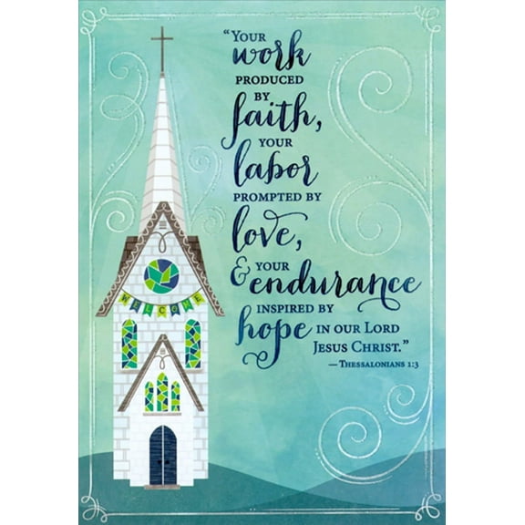 Designer Greetings White Church : Blue and Green Stained Glass Windows Clergy Appreciation Day Card for Pastor