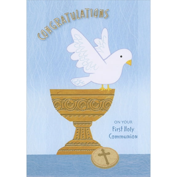 Designer Greetings White Dove Perched on Gold Chalice Against Light Blue Background 1st / First Communion Congratulations Card