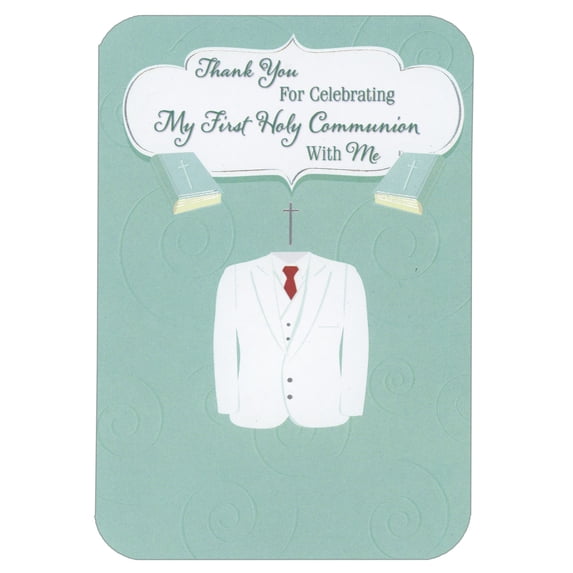 Designer Greetings White Suit Coat, Cross and Bibles on Blue Background Package of 8 Communion Thank You Notes for Boy