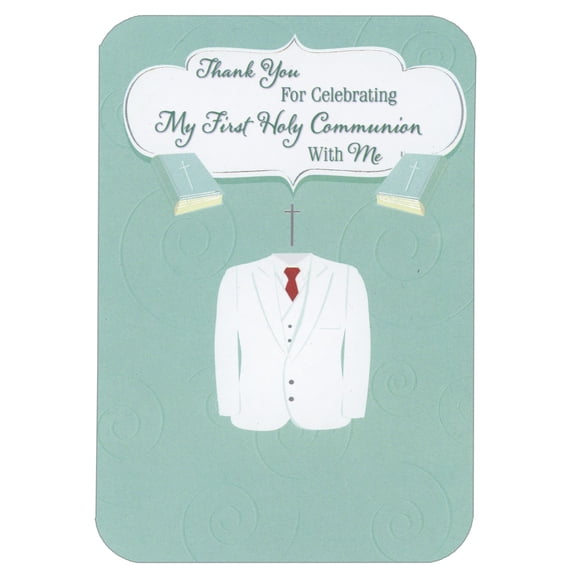 Designer Greetings White Suit Coat, Cross and Bibles on Blue Background Package of 8 Communion Thank You Notes for Boy
