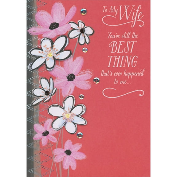 Designer Greetings White and Black 3D Tip On Flowers, Black Gems and Silver Sequins Hand Decorated Valentine's Day Card for Wife