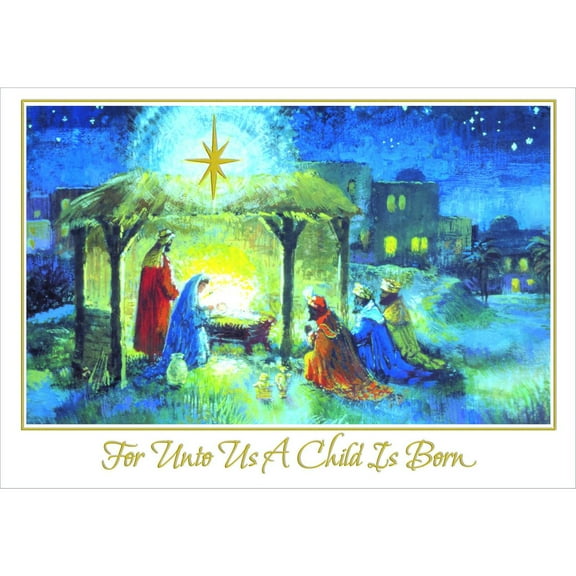 Designer Greetings Wise Men at Stable Under Gold Foil Star Box of 15 Religious Christmas Cards