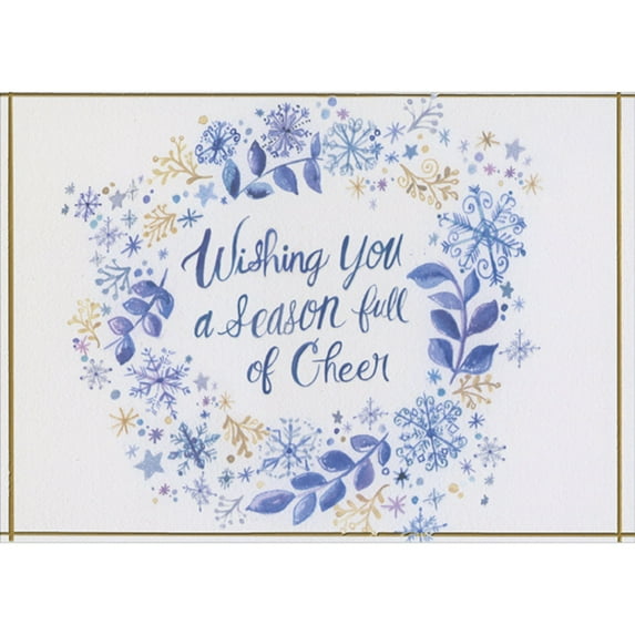 Designer Greetings Wishing You a Season of Cheer: Blue Wreath of Snowflakes and Branches Box of 14 Christmas Cards