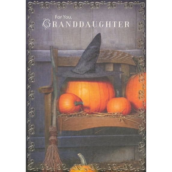 Designer Greetings Witches Hat, Pumpkins, Broom and Wooden Bench Halloween Card for Granddaughter