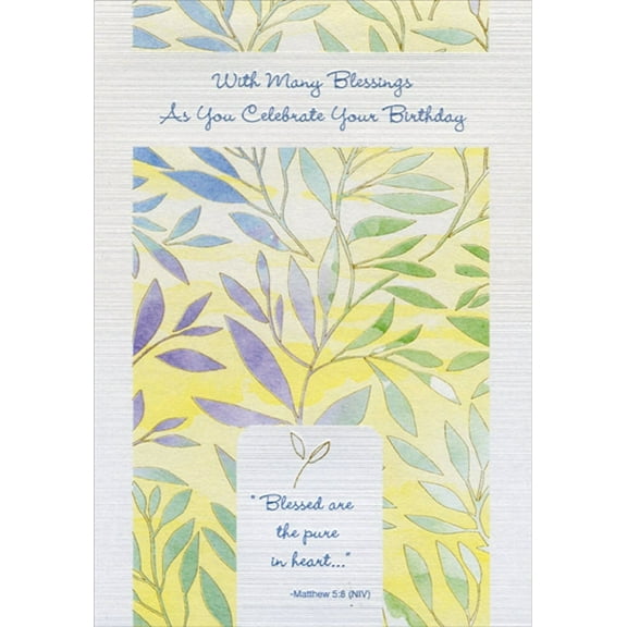 Designer Greetings With Many Blessings: Blue, Purple, Green Leaves on Yellow Religious Birthday Card