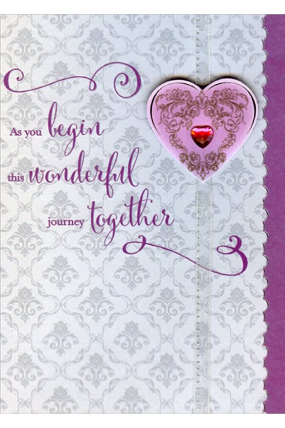 Wonderful Journey: Pink Gem Heart over White Ribbon 3D Hand Decorated Designer Boutique Keepsake Wedding Congratulations Card