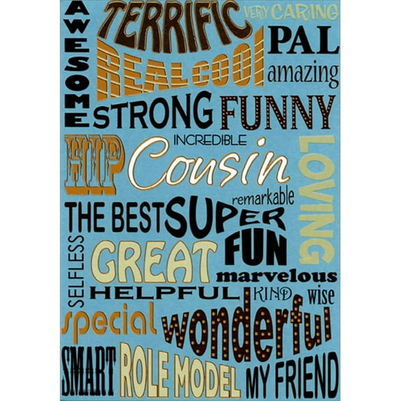 Designer Greetings Words on Blue: Awesome, Terrific, Real Cool Masculine Birthday Card for Cousin