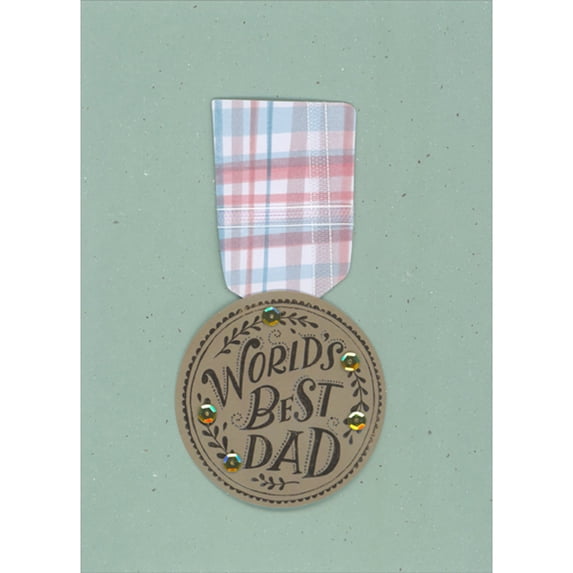 Designer Greetings World's Best Dad 3D Die Cut Medal on a Pink and Blue Plaid 3D Ribbon Hand Decorated Father's Day Card for Dad