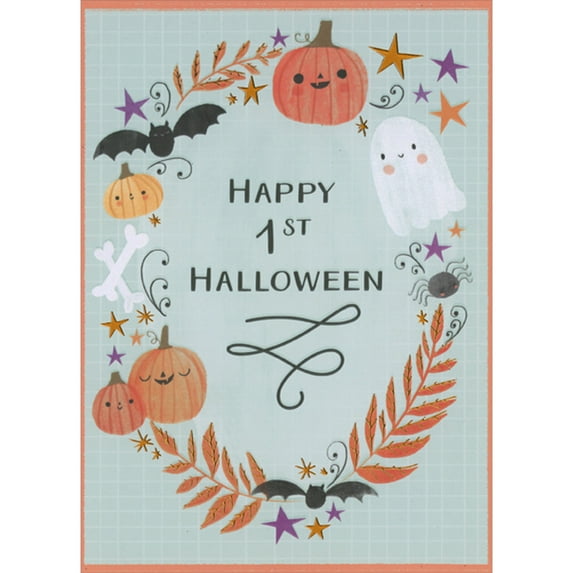Designer Greetings Wreath of Pumpkins, Ghosts, Bats, Bones, Stars and Leaves 1st / First Halloween Card for Baby