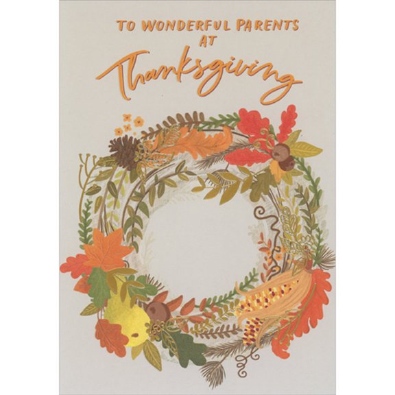 Designer Greetings Wreath of Vines, Leaves, Fruit, Nuts and Multi-Colored Corn Thanksgiving Card for Parents